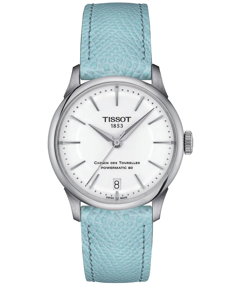 Tissot Women's Swiss Automatic Chemin des Tourelles Powermatic 80 Blue Leather Strap Watch 34mm