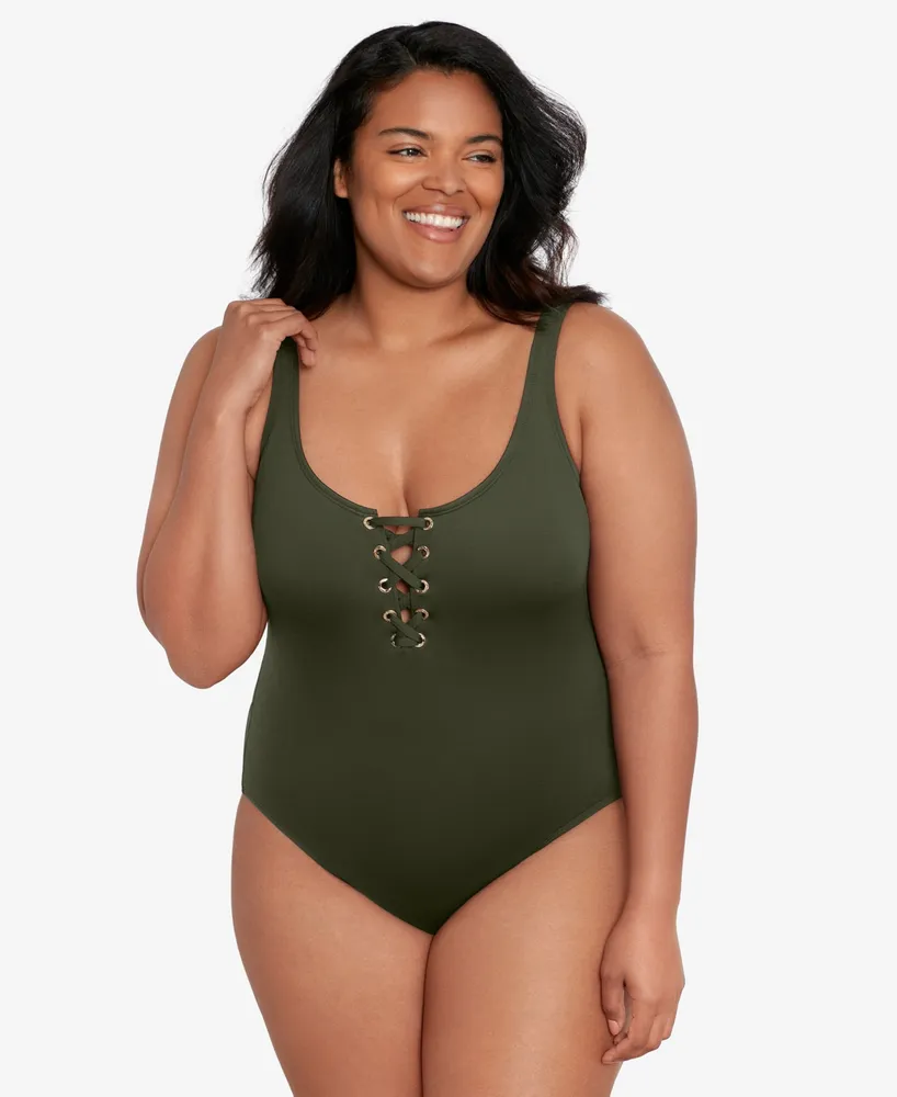 Lauren Ralph Lauren Plus Size Lace-Up One-Piece Swimsuit