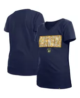 Big Girls New Era Navy Milwaukee Brewers Flip Sequin Team V-Neck T-shirt