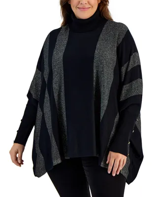Jm Collection Plus Size Lurex-Striped Turtleneck Poncho Sweater, Created for Macy's