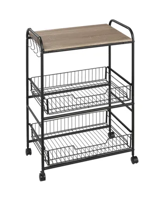 Homcom 24" 3-Tier Rolling Kitchen Cart, Utility Storage Trolley with 2 Basket Drawers, Side Hooks for Dining Room and Kitchen, Oak Wood Tone
