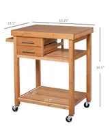 Homcom Bamboo Rolling Kitchen Island Trolley Utility Cart with Rolling Wheels