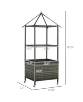 Outsunny Outdoor Towel Valet Caddy, Covered Poolside Towel Holder Rack, Shelf, Basket, Rolling Pe Rattan Wicker Storage on Wheels, Gray