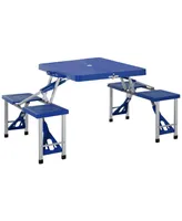 Outsunny Portable Picnic Table Set, Folding Camping Table with Four Chairs and Umbrella Hole, 4-Seats Aluminum Camping Chair with Table, Blue