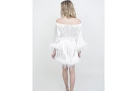 Le Laurier Bridal Women's Off-The-Shoulder Hair and Makeup Robe Feather Trim On The Sleeve Hem