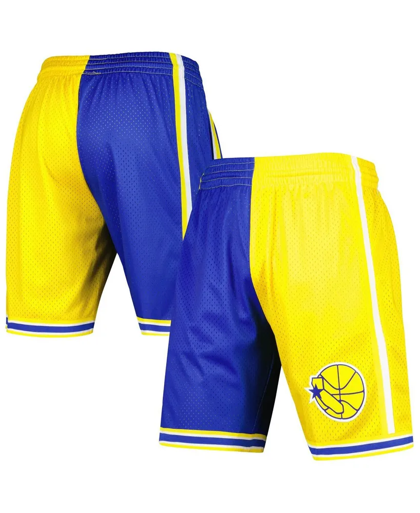 Men's Mitchell & Ness Royal and Gold Golden State Warriors Hardwood Classics 1995 Split Swingman Shorts