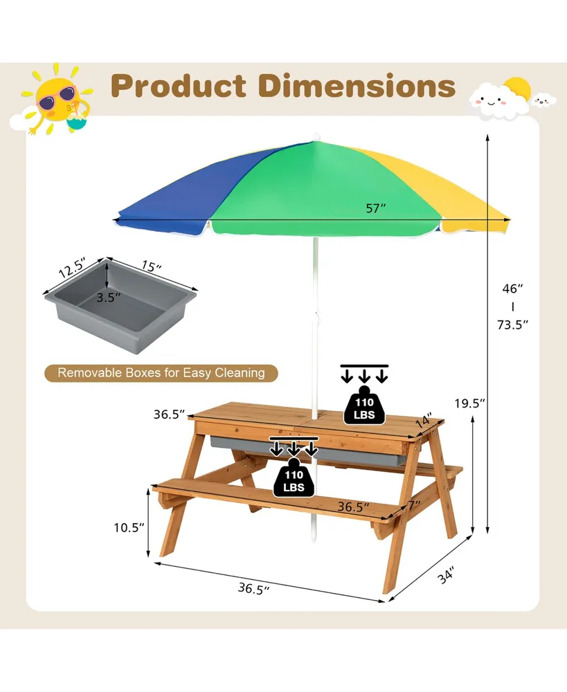 3-in-1 Kids Picnic Table Wooden Outdoor Sand & Water Table w/Umbrella Play Boxes