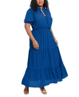 London Times Plus Size Smocked Tiered Maxi Dress