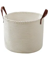 Extra Large Round Cotton Rope Storage Basket Laundry Hamper with Leather Handles