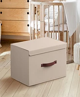 Foldable Linen Large Storage Bin with Leather Handles and Lid - Set of 3