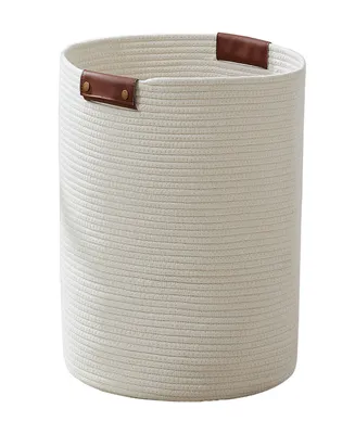 Large Cotton Rope Laundry Hamper Woven Basket with Leather Handles