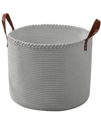 Extra Large Round Cotton Rope Storage Basket Laundry Hamper with Leather Handles