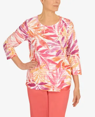 Alfred Dunner Women's Tropical Leaves Three Quarter Sleeve Top