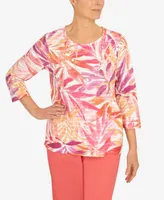 Alfred Dunner Women's Tropical Leaves Three Quarter Sleeve Top