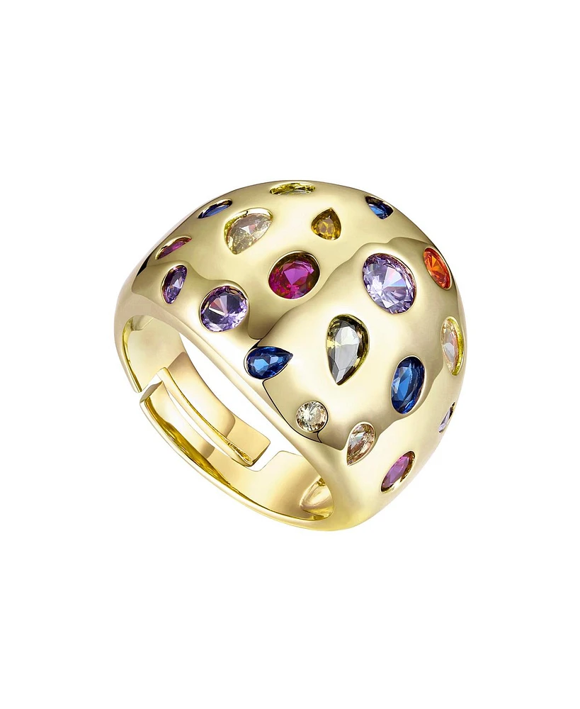 Rachel Glauber Ra 14k Gold Plated with Rainbow Color Cubic Zirconia Stone Dome Ring