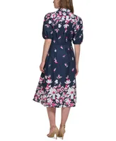 Tommy Hilfiger Women's Cotton Puff-Sleeve Floral Midi Dress