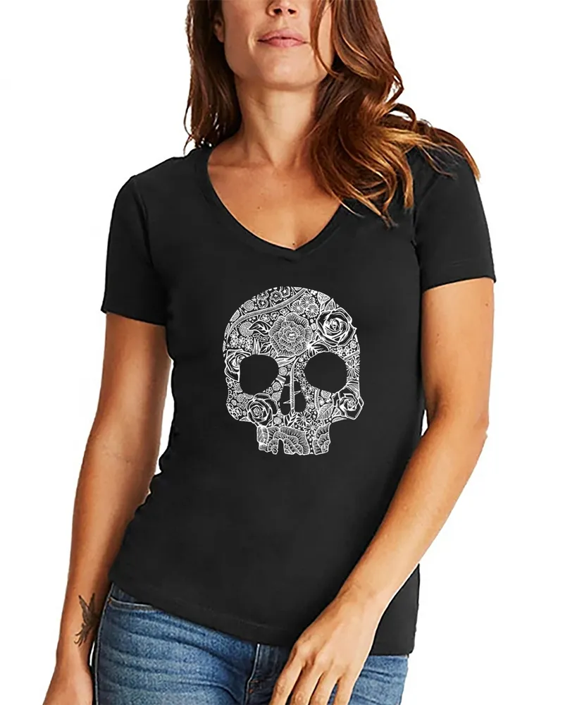 La Pop Art Women's Flower Skull Word V-Neck T-shirt