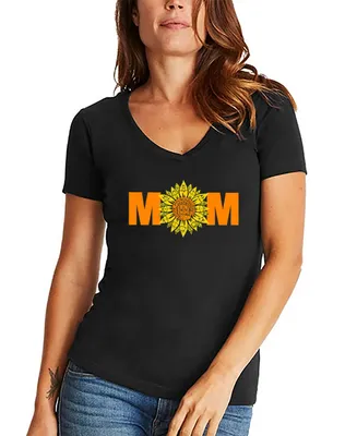 La Pop Art Women's Mom Sunflower Word V-Neck T-shirt