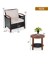 3PCS Patio Rattan Furniture Set Wooden Frame Cushion Table Shelf