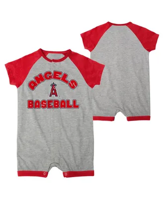 Infant Boys and Girls Heather Gray Los Angeles Angels Extra Base Hit Raglan Full-Snap Romper
