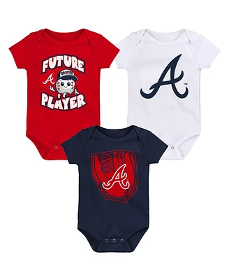 Newborn and Infant Boys Girls Red, Navy, White Atlanta Braves Minor League Player Three-Pack Bodysuit Set