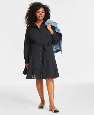 On 34th Plus Long-Sleeve Belted Shirtdress, Created for Macy's