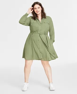 On 34th Plus Size Long-Sleeve Belted Shirtdress, Created for Macy's
