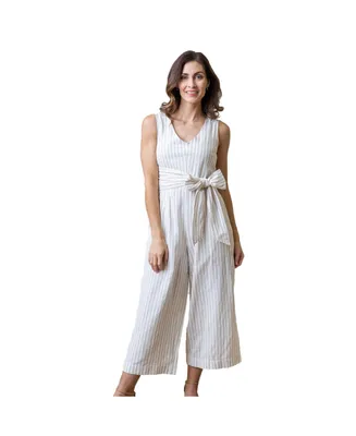 Hope & Henry Women's Woven Sleeveless Tie-Waist Jumpsuit with Wide Leg