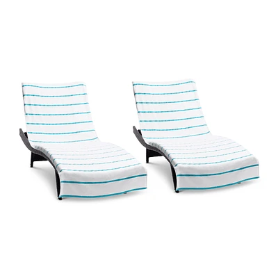 Arkwright Home Chaise Lounge Cover (Pack of 2, 30x85 in.), Cotton Terry Towel with Pocket to Fit Outdoor Pool or Chair, White Colored Stri