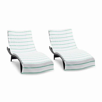 Arkwright Home Chaise Lounge Cover (Pack of 2, 30x85 in.), Cotton Terry Towel with Pocket to Fit Outdoor Pool or Chair, White Colored Stri