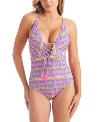 Jessica Simpson Women's Shine Bright Lace-Up One-Piece Swimsuit