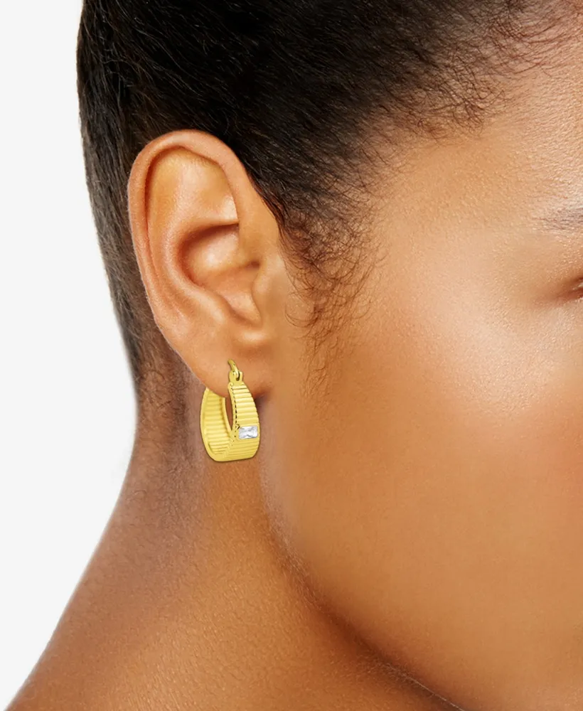 And Now This Cubic Zirconia 18K Gold Plated Ribbed Texture Hoop Earring