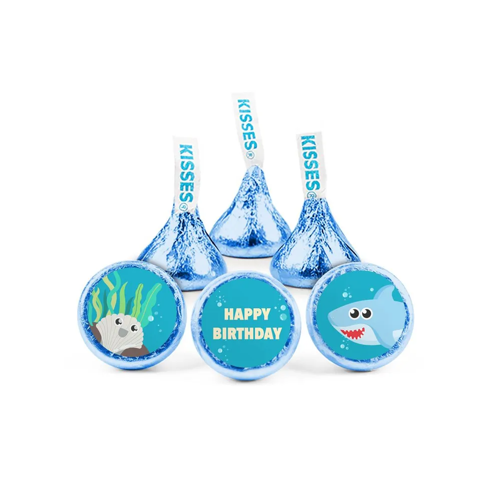 100ct Boy Shark Birthday Candy Party Favors Hershey's Kisses Milk Chocolate (100 Candies + 1 Sheet Stickers) Candy Included - Assembly Required