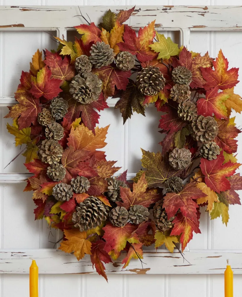 Nearly Natural 24" Maple and Pine Cone Wreath