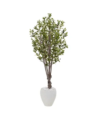 Nearly Natural 5' Olive Artificial Tree in White Oval Planter