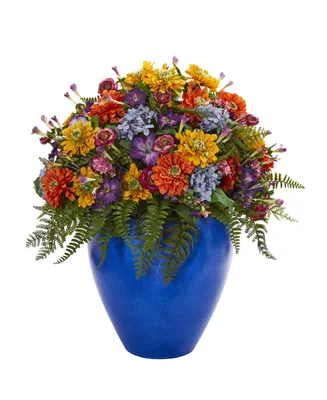 Nearly Natural Giant Mixed Floral Artificial Arrangement in Blue Vase