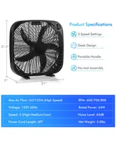21'' Box Fan Portable Floor Fan Window Fan with 3 Speed Settings & Knob Control