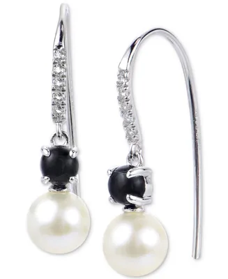 Cultured Freshwater Pearl (6 1/2mm), Onyx, & Lab-Grown White Sapphire (1/10 ct. t.w.) Drop Earrings in Sterling Silver