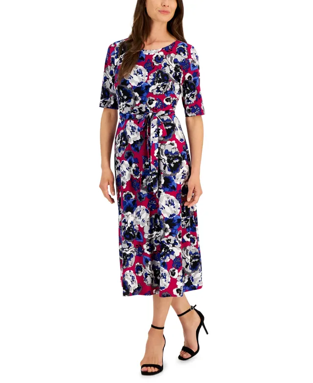 Kasper Women's Belted 3/4-Sleeve A-Line Midi Dress