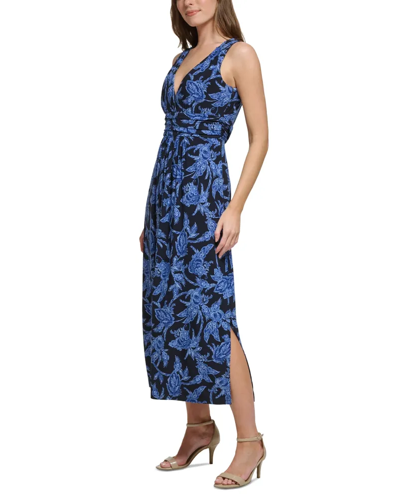 Tommy Hilfiger Women's Feathered Floral Printed V-Neck Maxi Dress