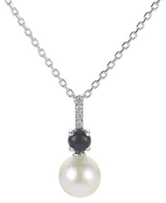 Cultured Freshwater Pearl (7 1/2mm), Onyx & Lab-Created White Sapphire (1/20 ct. t.w.) 18" Pendant Necklace in Sterling Silver