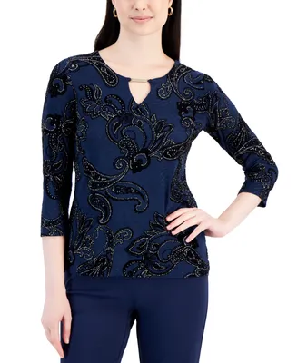 Jm Collection Women's Embellished Jacquard Keyhole Top, Created for Macy's