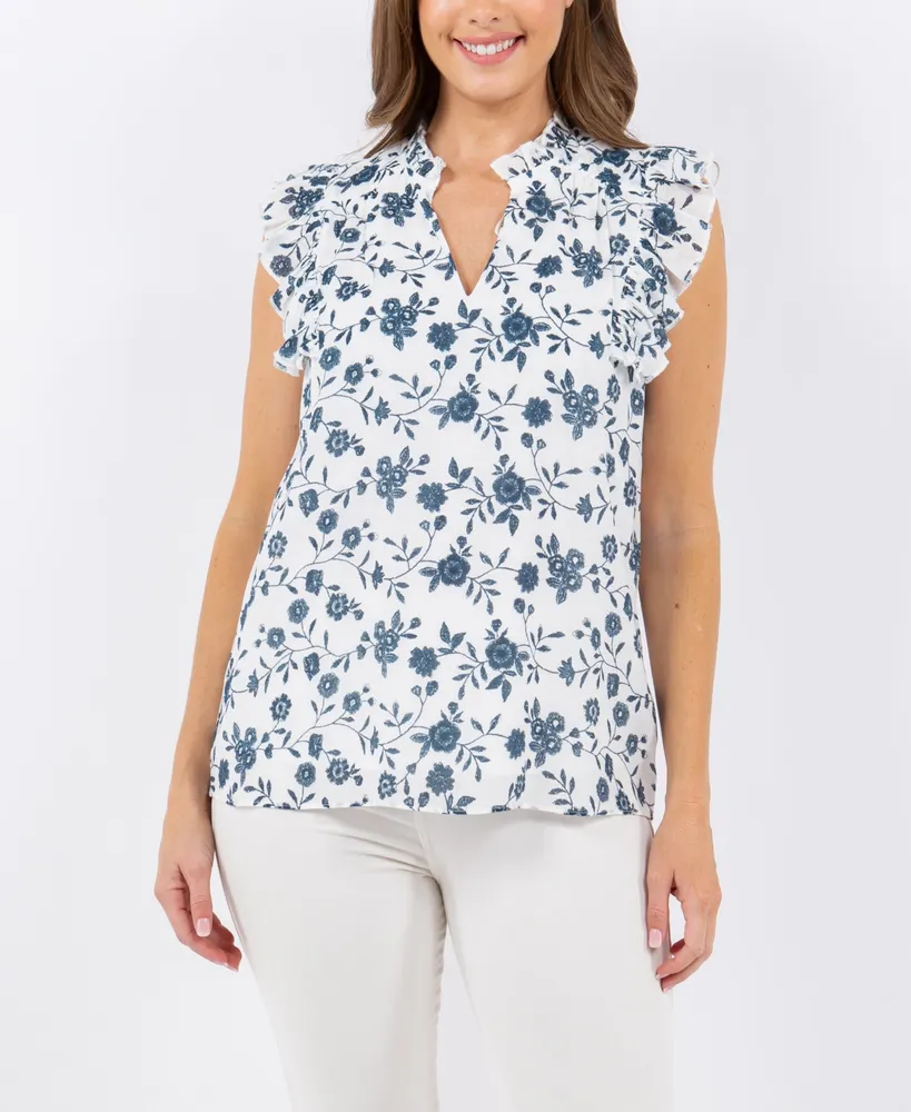 Fever Women's Printed Gauze Flutter Sleeve Top