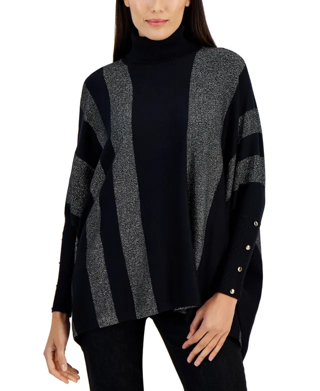 Jm Collection Women's Metallic-Stripe Poncho Turtleneck Sweater