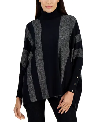 Jm Collection Petite Striped Lurex Turtleneck Poncho Sweater, Created for Macy's