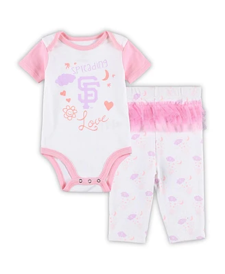 Newborn and Infant Boys Girls White, Pink San Francisco Giants Spreading Love Bodysuit Tutu with Leggings Set