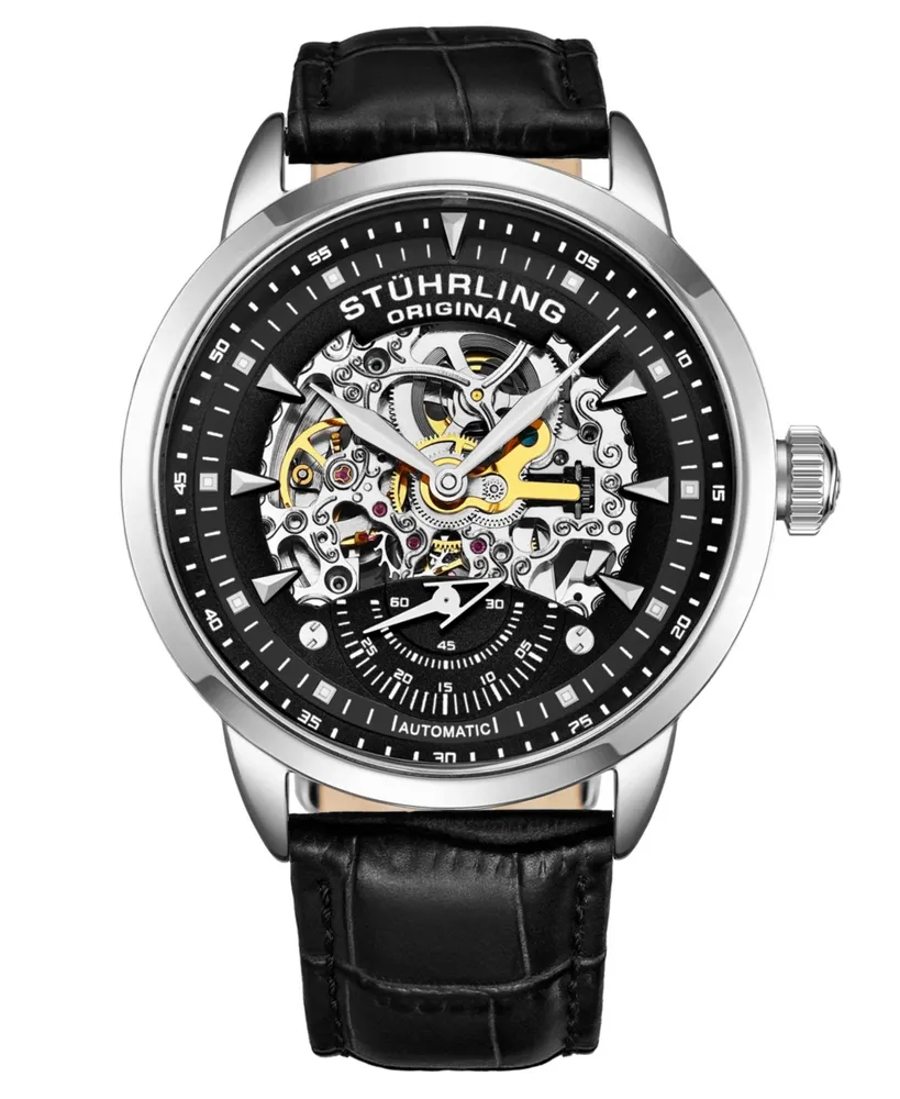 Stuhrling Men's Legacy Black Leather, Black Dial, 44mm Round Watch