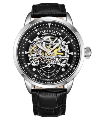 Stuhrling Men's Legacy Black Leather, Black Dial, 44mm Round Watch