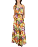 Donna Ricco Women's Printed Tie-Shoulder Maxi Dress