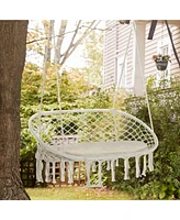 Outsunny 2-Person Hammock Chair Macrame Swing with Soft Cushion, Hanging Cotton Rope Chair for Indoor Outdoor Home Patio Backyard, White